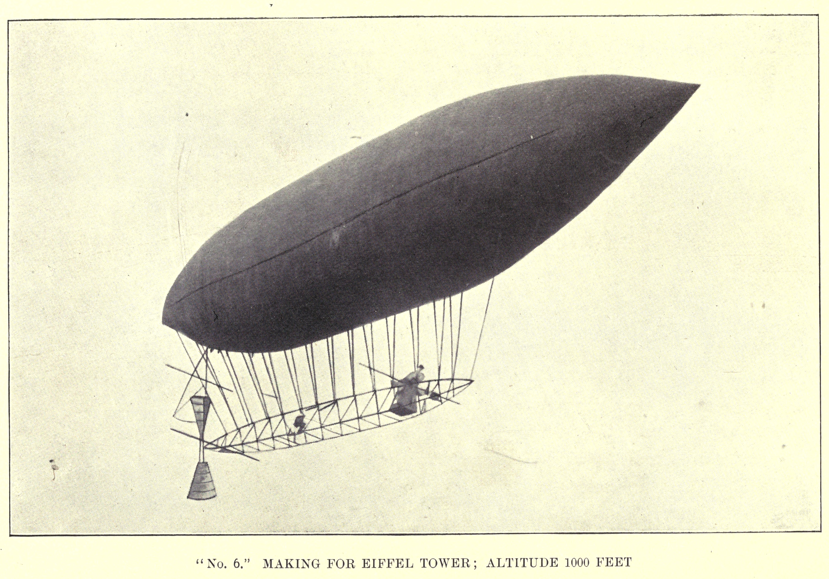 Santos-Dumont rumbo a la Torre Eiffel. Fuente: Wikimedia Commons / My Airships / Archive.org. Nota: Commons advierte que podría ser N.o 5 y no N.o 6.